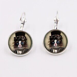 Steampunk Cat in Hat Glass Cabochon Silver Plated Handmade Leverback Earrings